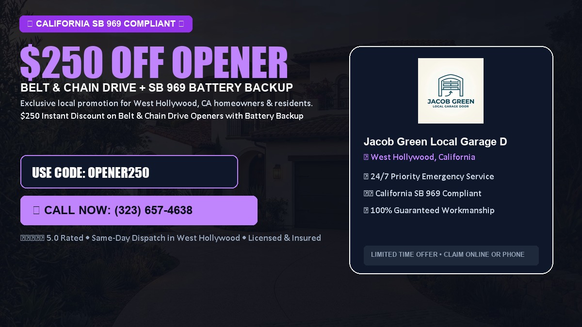 $250 OFF Smart Garage Door Opener Installation (Belt & Chain Drive with California SB 969 Battery Backup) in West Hollywood, CA